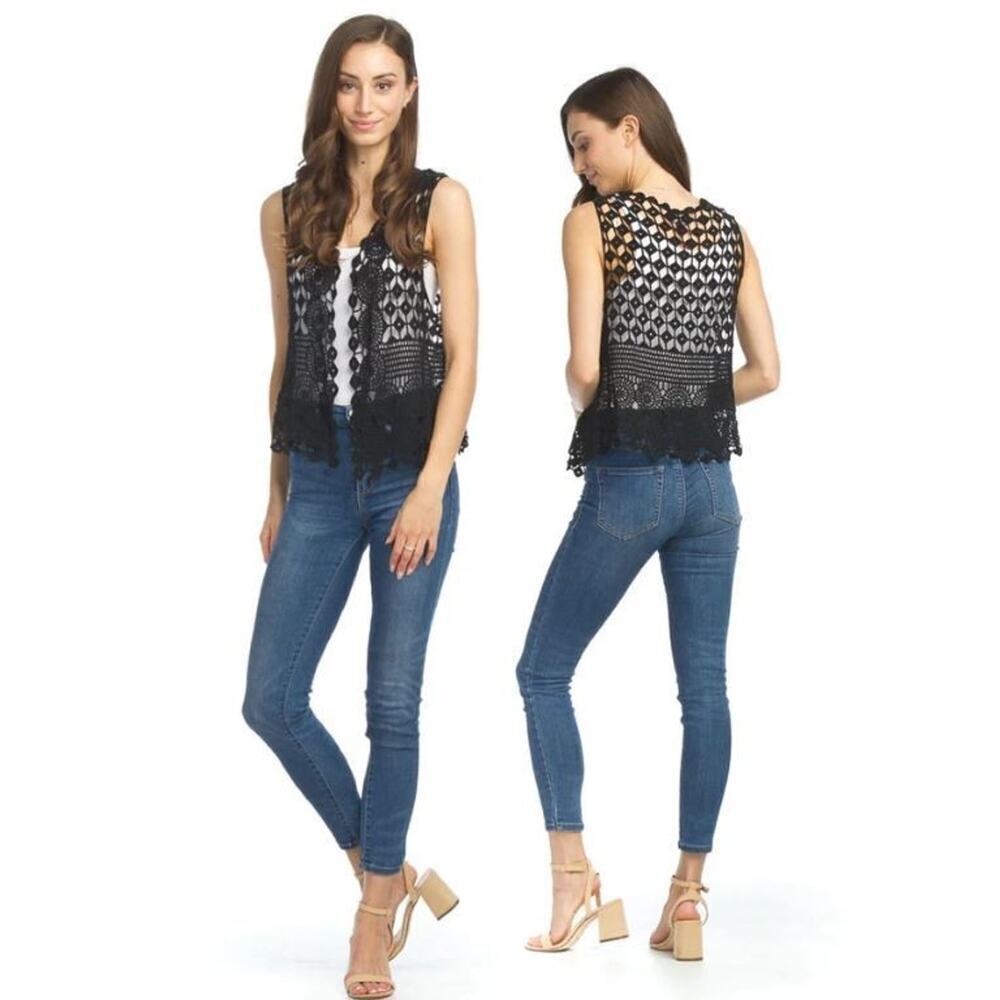 NEW Papillion Los Angeles Sz S Black Crochet Open Vest Kroshetta Bohemian NWT